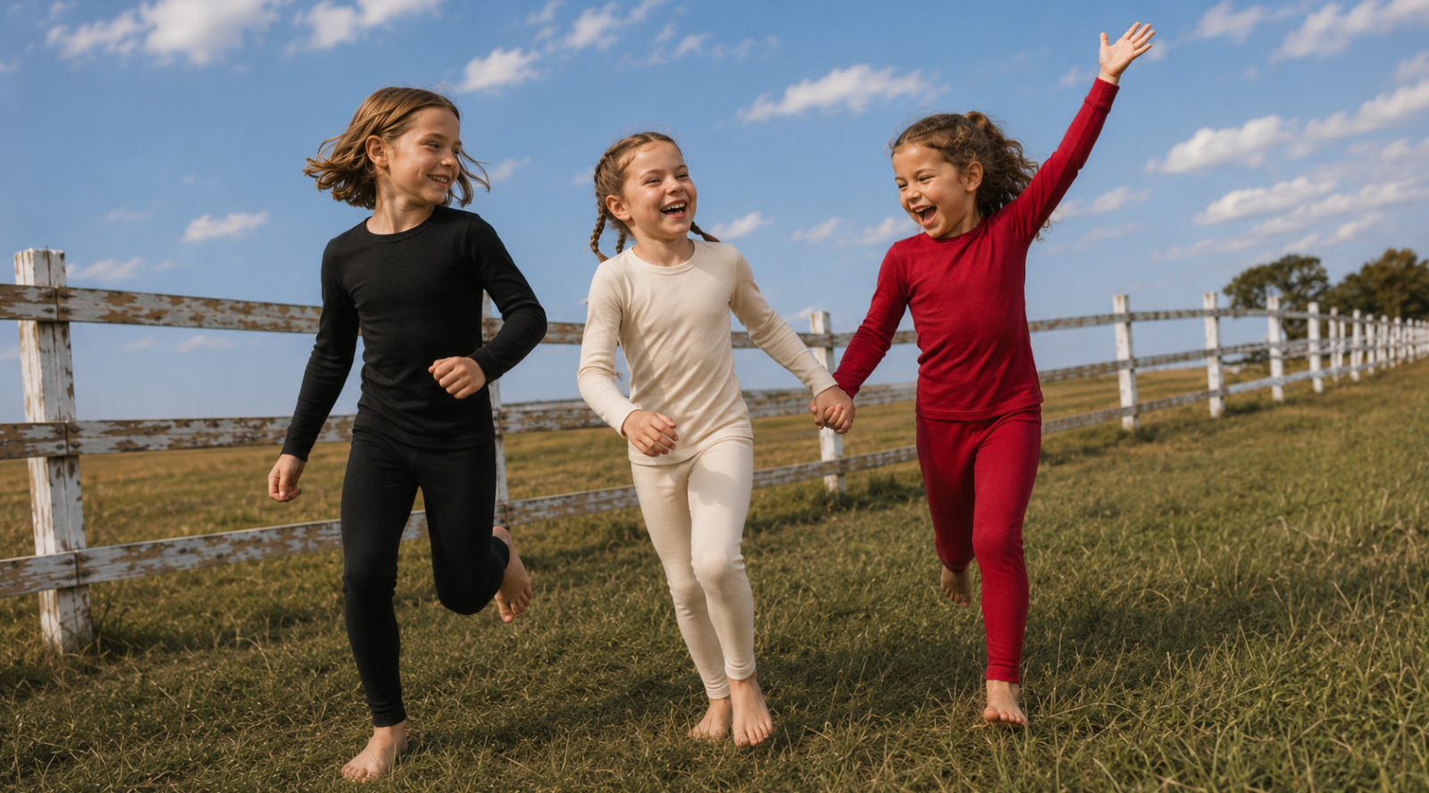 A little todler girl wearing merino wool long sleeve shirt of 250gsm merino wool fabric, in natural color.