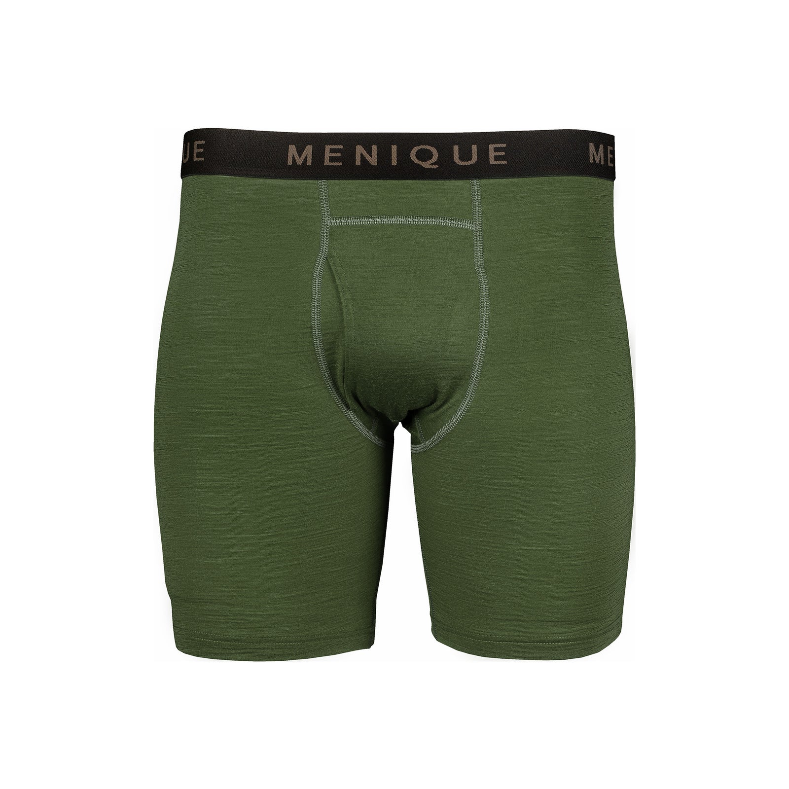 A studio portrait of a man looking to the left while lifting the front hem of his dark green short-sleeved t-shirt. He is wearing matching dark green long boxer briefs with a black logo waistband against a light grey background.
