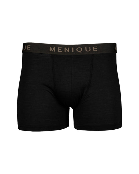 the menique men's short boxer underwear with logo waistband, color black, white background.