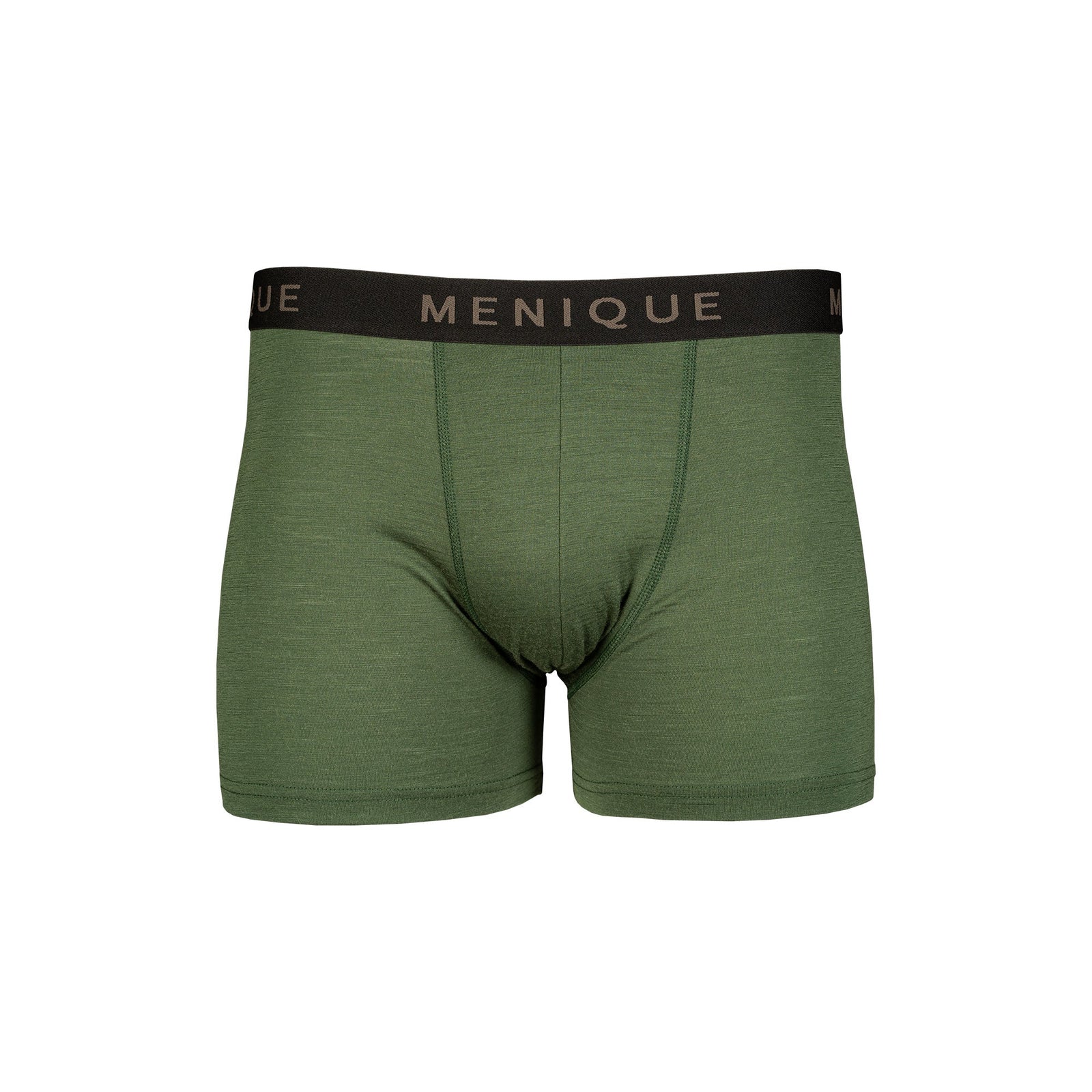 A close-up shot of a man's torso and thighs wearing dark green short boxer briefs with a black logo waistband. He is pulling up his matching dark green t-shirt to reveal his midriff against a light grey background.