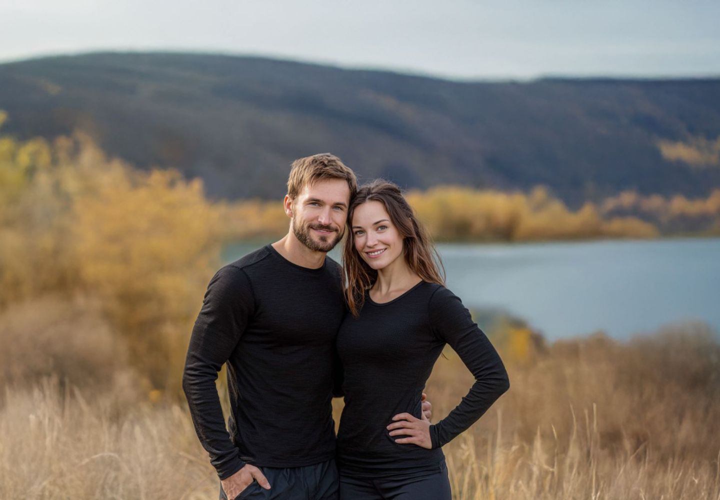Couple standing together in a scenic outdoor setting with mountains and a lake.