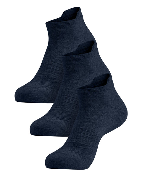 A three-pack of navy blue adult ankle socks arranged in a diagonal row against a white background.