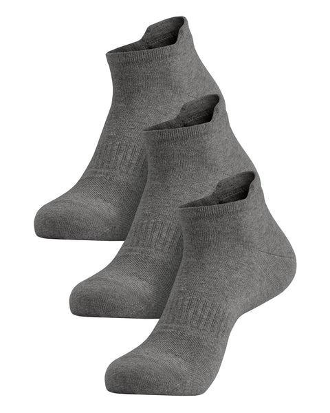 A three-pack of gray adult ankle socks arranged in a diagonal row against a white background.