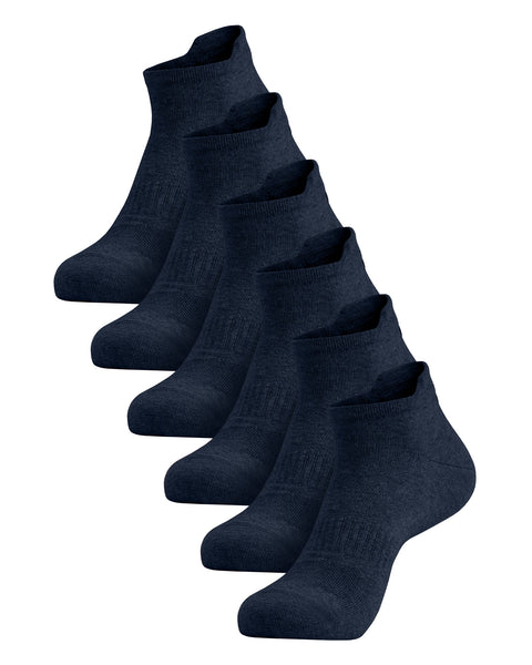 A six-pack of navy blue adult ankle socks arranged in a diagonal row against a white background.