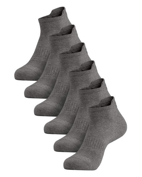 A six-pack of gray adult ankle socks arranged in a diagonal row against a white background.