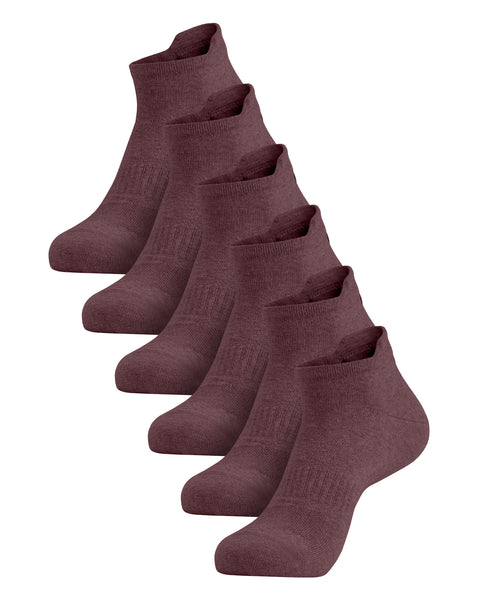 A six-pack of dark pink adult ankle socks arranged in a diagonal row against a white background.