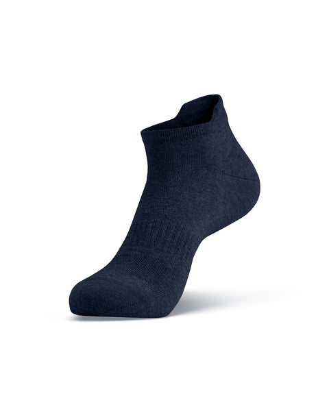 A single dark blue ankle sock shown on an invisible foot model against a white background, angled to display the side profile and the top opening.