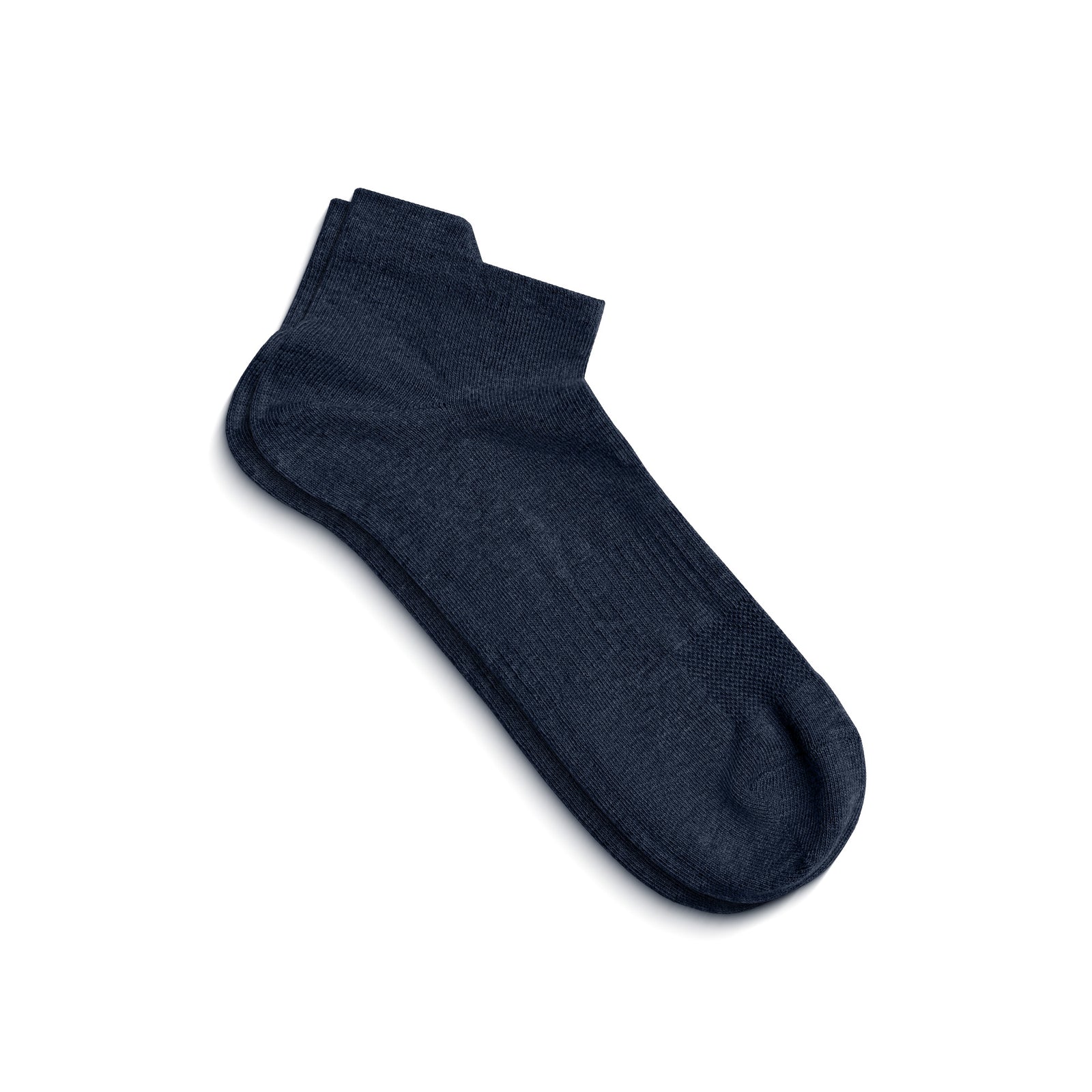 A three-pack of navy blue adult ankle socks arranged in a diagonal row against a white background.