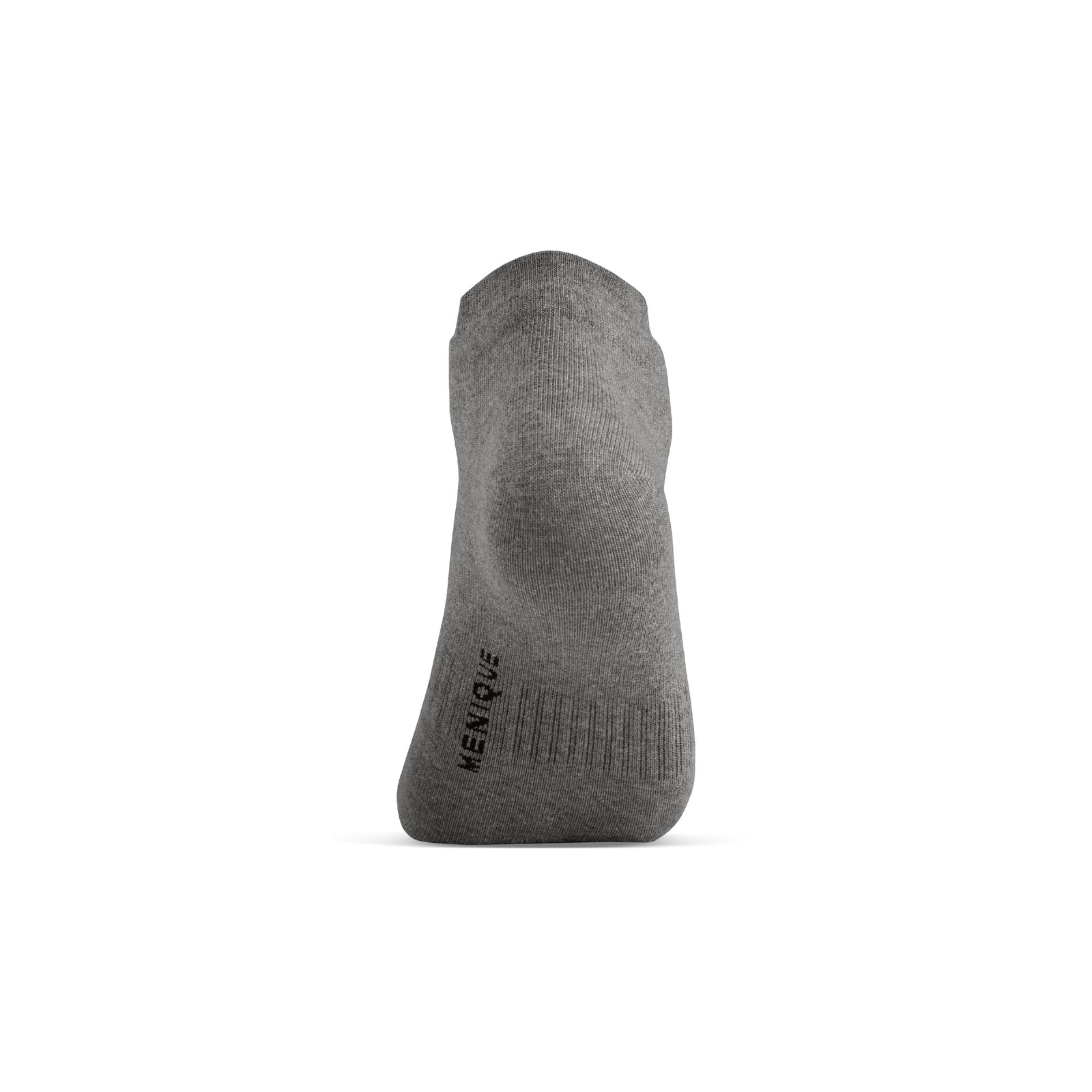 A three-pack of gray adult ankle socks arranged in a diagonal row against a white background.