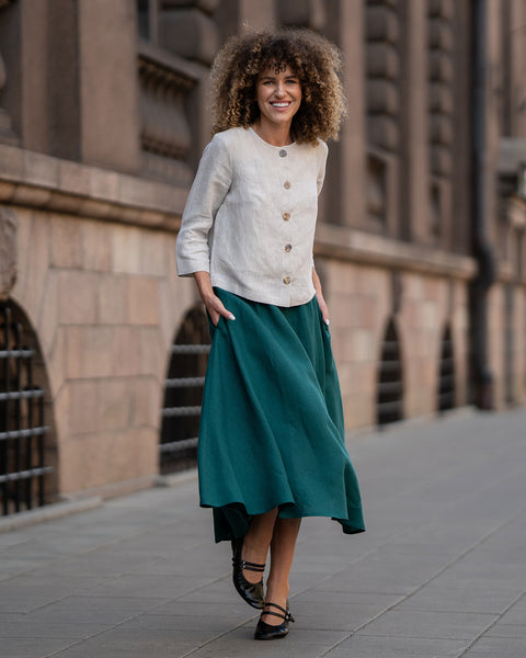 Linen Midi Flowy Skirt Evelyn in dark green color.
