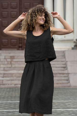 Linen Crop Top & Skirt 2-Piece - XS / Pure Black