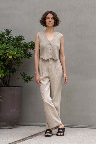Linen Vest & Wide Leg Pants 2-Piece - XS / Natural