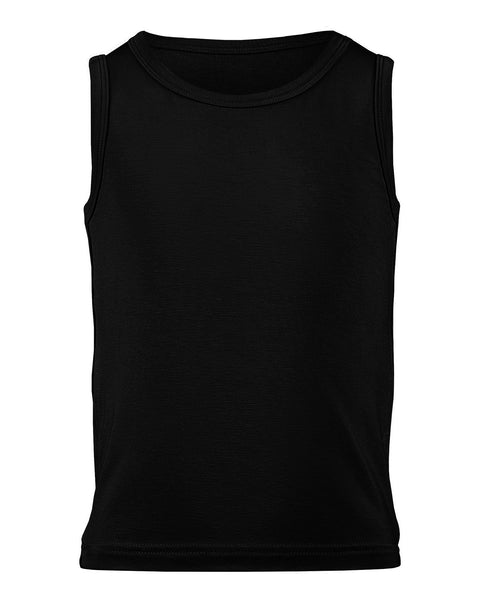 A product shot of a plain black children's sleeveless tank top laid flat against a plain white background.