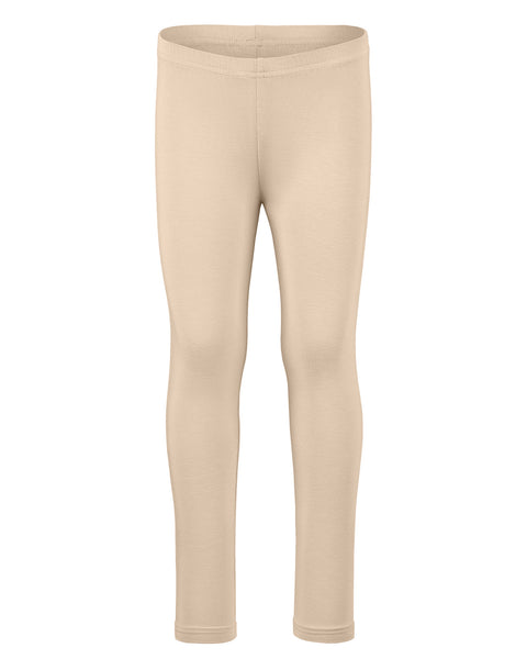 A product shot of beige children's leggings displayed flat against a plain white background.