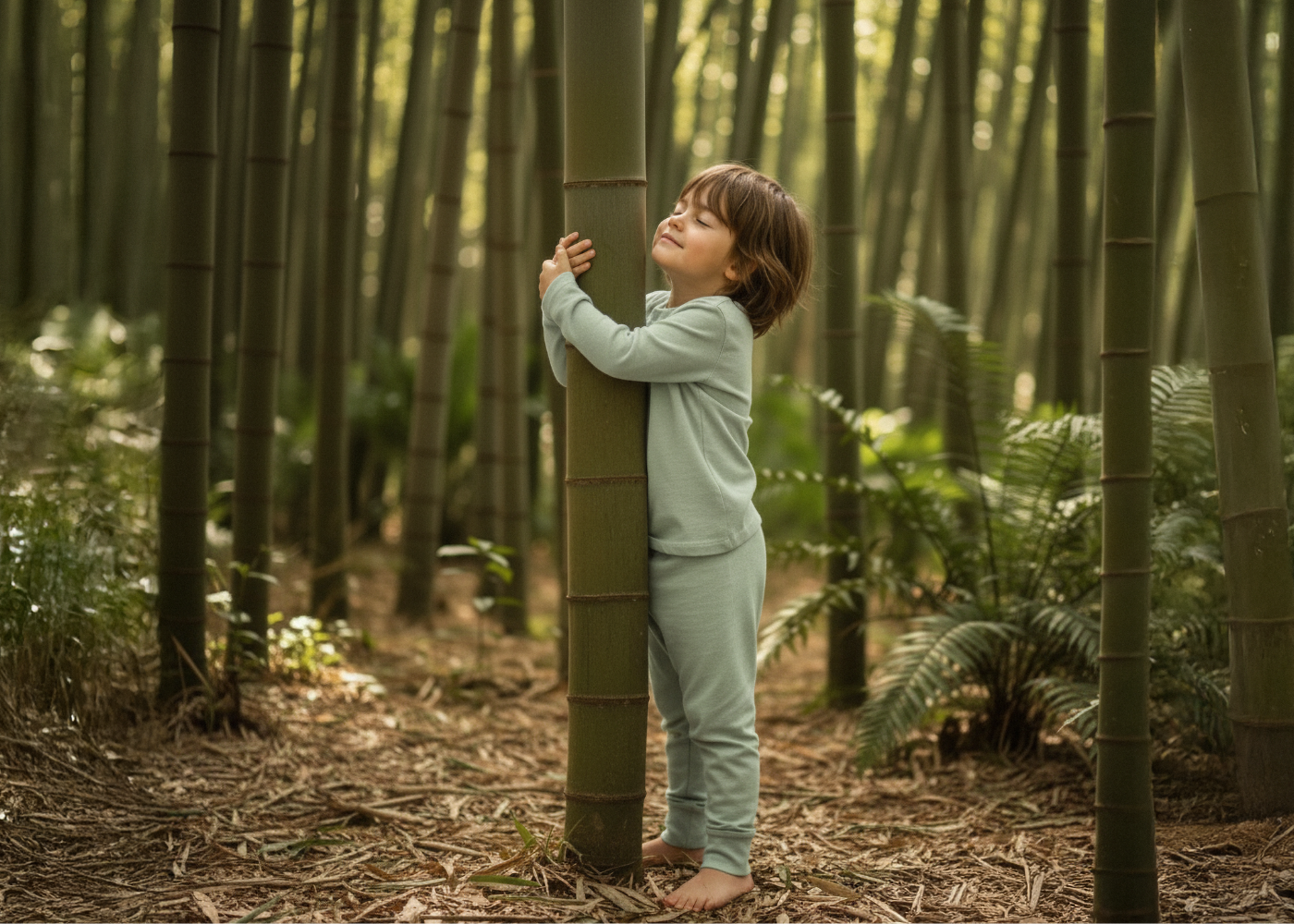 Smiling child in bamboo pajamas hugging a bamboo tree in a lush green forest.