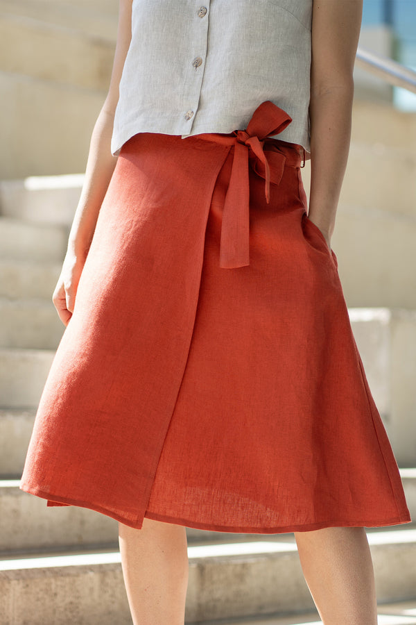 Midi Linen Wrap Skirt Beverly Cinnamon Red