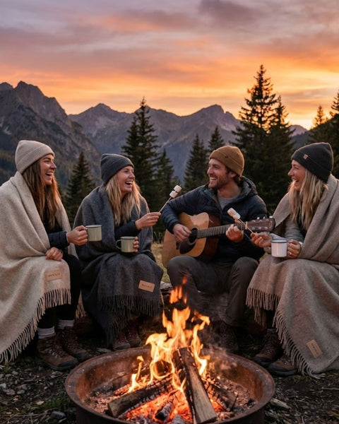 Four people sitting around a campfire with mountains and sunset in the background