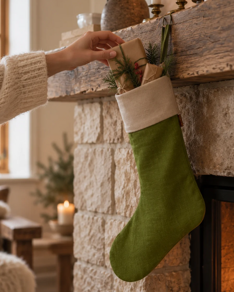 An olive green Christmas stocking with a cream cuff hangs from a rustic wooden mantel in a cozy living room. A hand in a cream knit sweater is placing wrapped gifts into the stocking, which is filled with small green sprigs.
