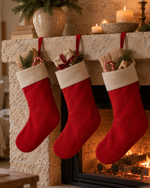 Three red Christmas stockings with cream cuffs hang from a stone fireplace mantel, filled with holiday treats and decorated with pine branches, with a warm fire burning below and candles on the mantel.