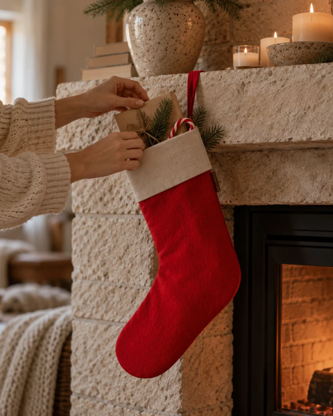 A red Christmas stocking with a beige cuff hangs from a fireplace mantel, with a person's hands placing pine branches inside. The scene is set in a cozy living room with a warm fireplace, candles, and knitted blankets.