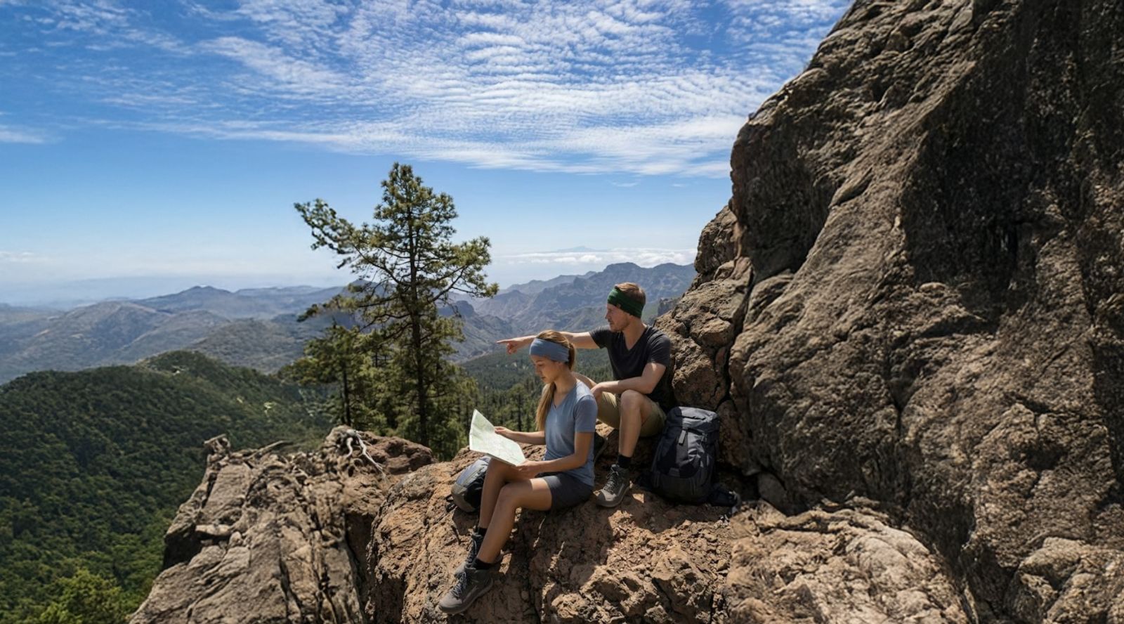 Two people sitting on a rocky outcrop with a scenic mountain view.