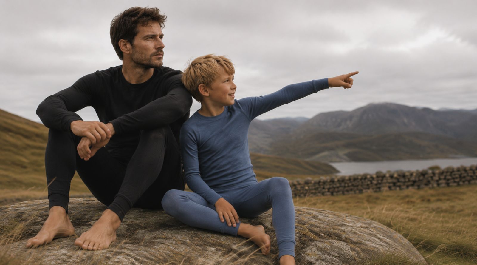 A barefoot man wearing a black base layer set and a young barefoot boy wearing a blue base layer set sitting together on a large rock in a hilly, outdoor landscape. The boy is pointing his arm outward toward the distance, with mountains and a body of water visible under an overcast sky.