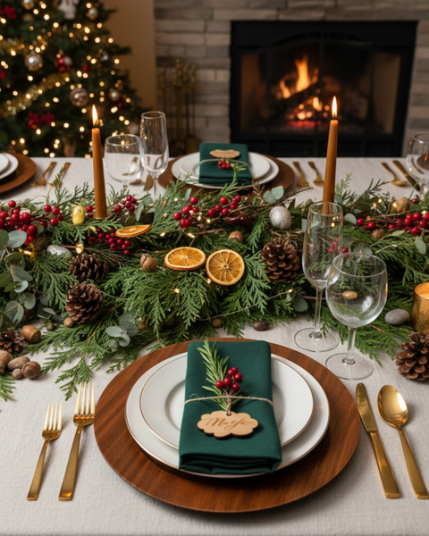 Christmas holiday table with dark green linen napkins, festive evergreen centerpiece, candles, pinecones, and elegant dinnerware.