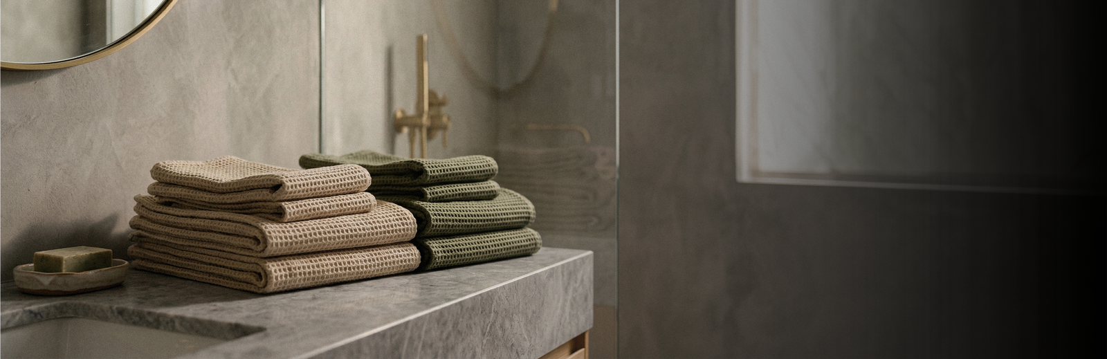 A close-up lifestyle shot of a modern bathroom vanity. Resting on a grey marble countertop are two neatly folded stacks of waffle-weave towels; the stack on the left is light beige, and the stack on the right is olive green. The background features a large, frameless mirror reflecting a gold or brass shower fixture, and the edge of a round, brass-framed mirror is visible on the upper left wall.