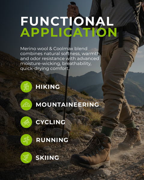 Person hiking with mountain backdrop, featuring text on functional applications and activities.