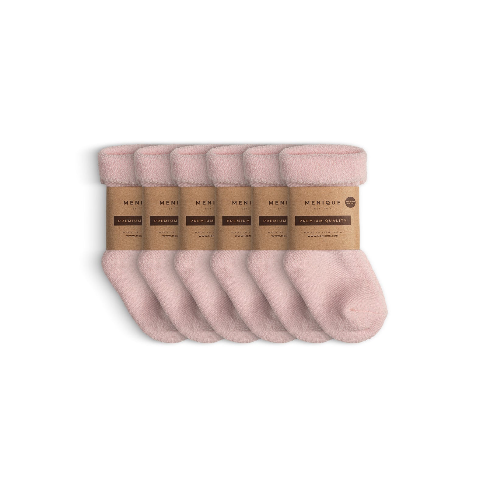 Set of six pairs of light blue sherpa-style children’s socks, bundled together with Menique eco kraft paper wraps reading ‘Premium Quality.