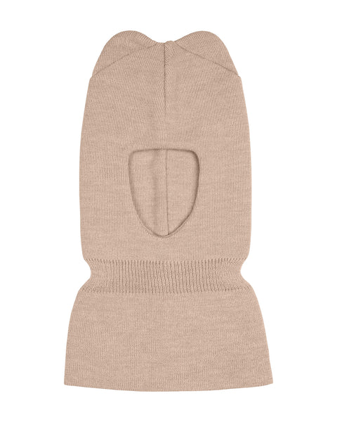 The menique kids' knit merino balaclava with ears in beige color, in a white background.