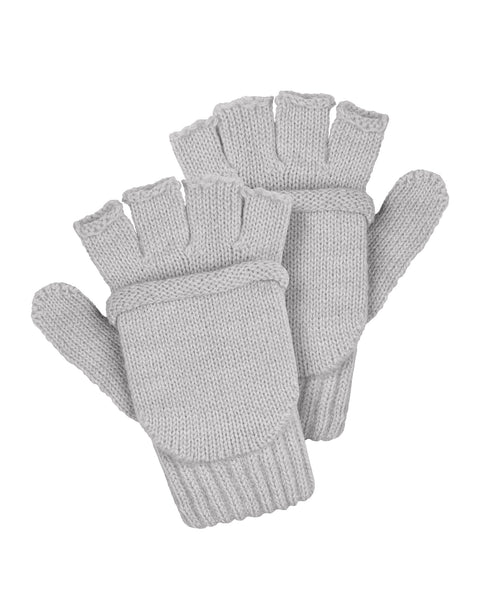 Light gray merino wool convertible mittens with fold-over finger cover, soft knitted fingerless gloves for cold weather