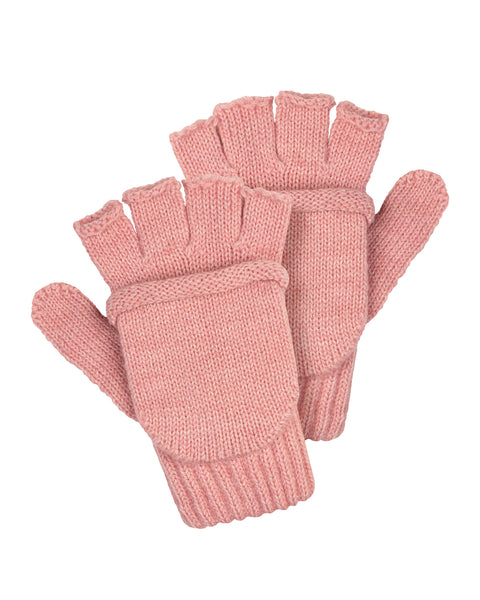 Pink merino wool convertible mittens with fold-over finger cover, soft knitted fingerless gloves for cold weather