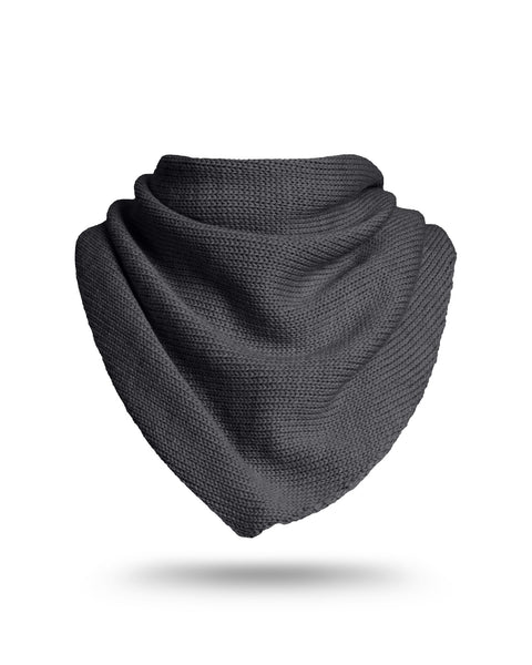 Large dark gray knit bandana scarf with triangular drape, photographed on a white background.