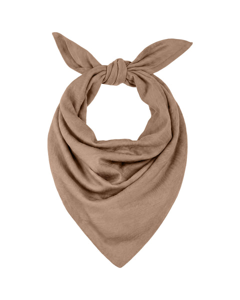 A product image of a beige fabric bandana folded into a triangle shape and tied with a knot at the top, displayed flat against a white background.