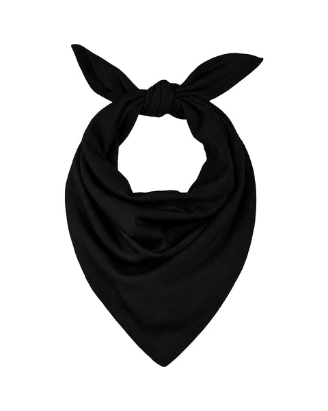 A product image of a black fabric bandana folded into a triangle shape and tied with a knot at the top, displayed flat against a white background.