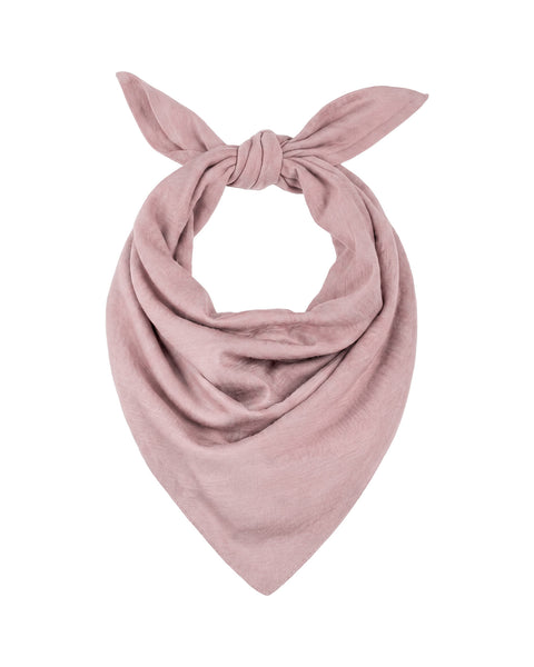 A product image of a dusty pink fabric bandana folded into a triangle shape and tied with a knot at the top, displayed flat against a white background.