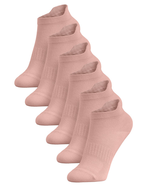A six-pack of light pink kids' ankle socks arranged in a diagonal row against a white background.