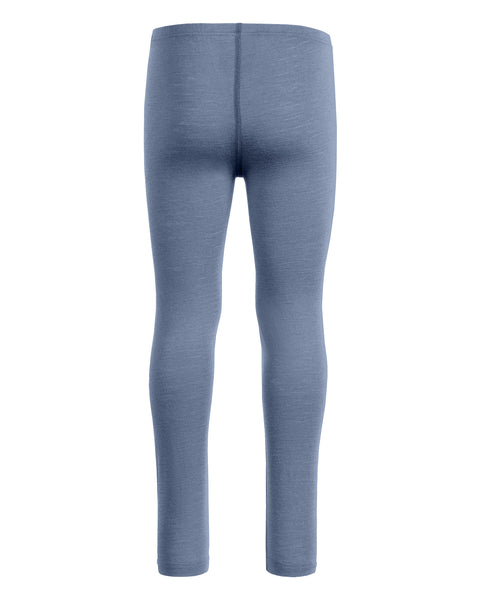 A back-view product shot of the same children's heathered dusty blue leggings, displayed flat against a pure white background. A center back seam is clearly visible.