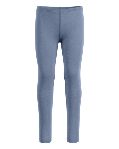 A front-view product shot of children's fitted leggings in a heathered dusty blue color, displayed flat against a pure white background. The leggings feature a simple elastic waistband and a visible center front seam.