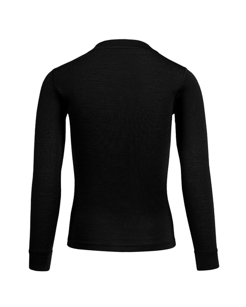 The menique kids' long sleeve top of 160gsm merino in black color, back view.