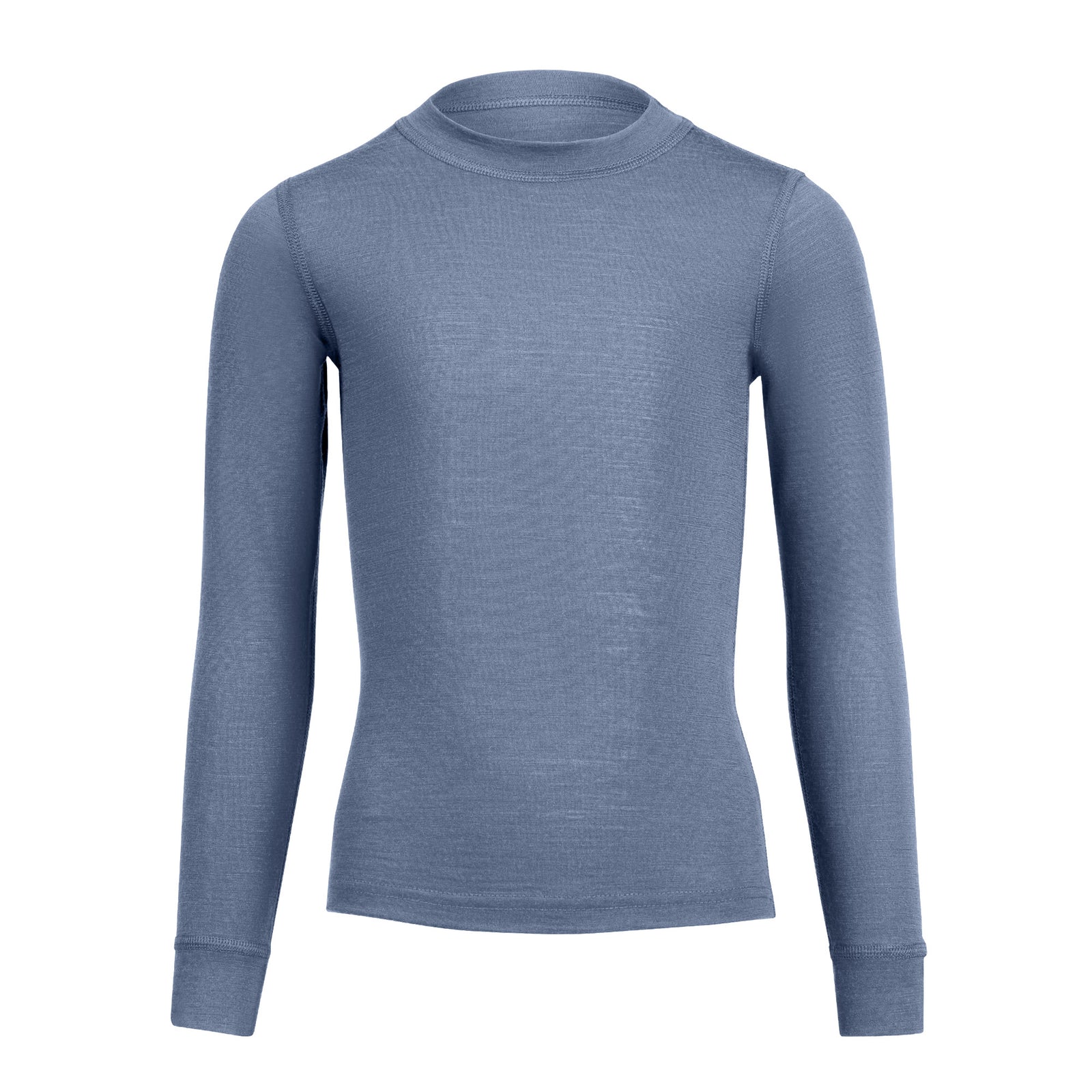 A young girl seen from the thighs up, wearing a dusty blue merino long-sleeve top and matching bottoms, standing with her left hand on her hip.