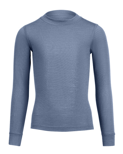 A front-view product shot of a children's long-sleeved fitted top in a heathered dusty blue color, displayed flat against a pure white background. The shirt features a simple crew neckline and cuffed sleeves.