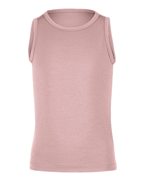 Front view of a kids' sleeveless top in a solid dusty pink color, displayed flat against a white background. It features a simple crew neckline with ribbed trim around the collar and armholes.
