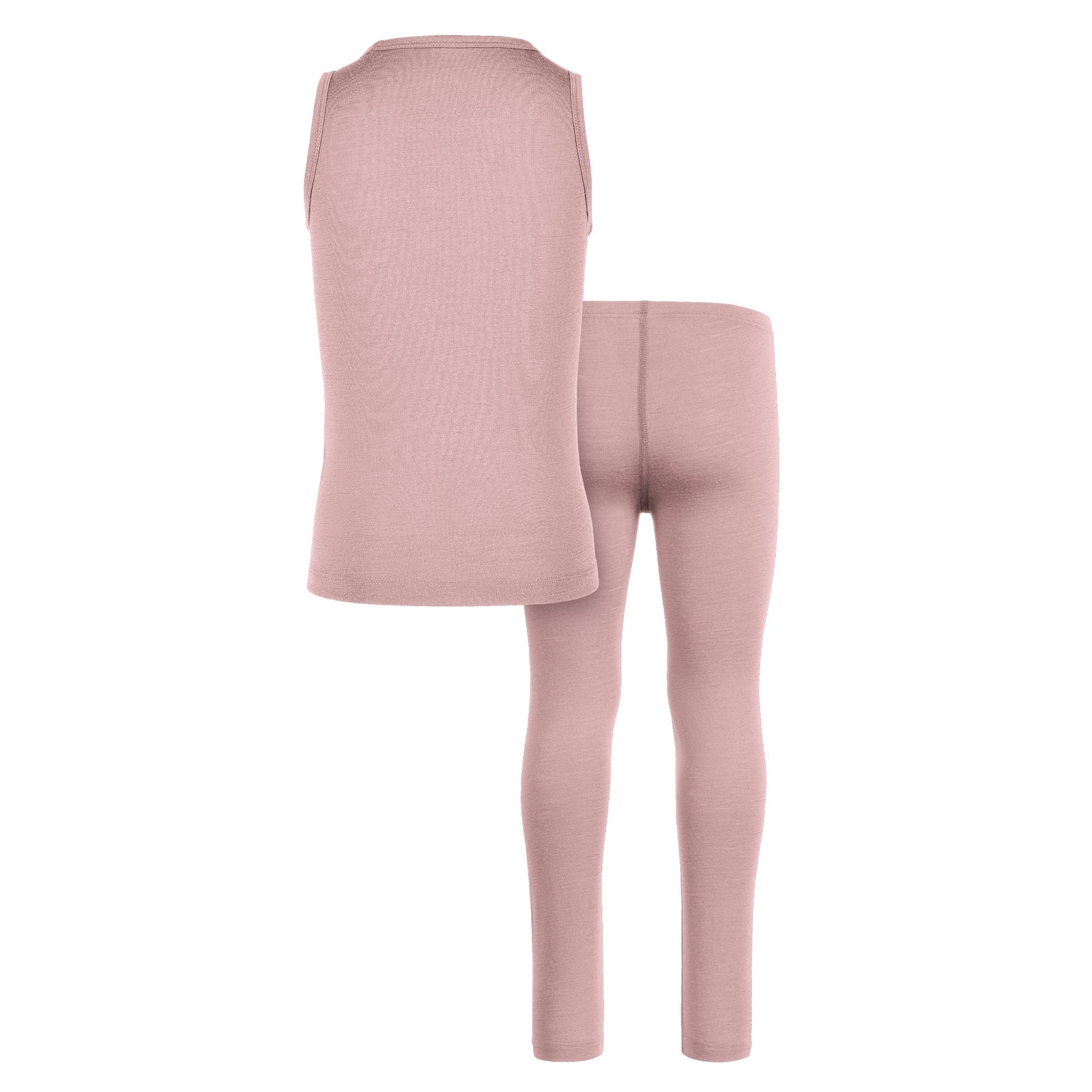 A front-view product shot of a children's two-piece base layer set, including a sleeveless tank top and leggings, in a heathered dusty pink color. The items are laid flat against a pure white background, with the tank top positioned slightly to the left and overlapping the leggings on the right. A center front seam is visible on the leggings.