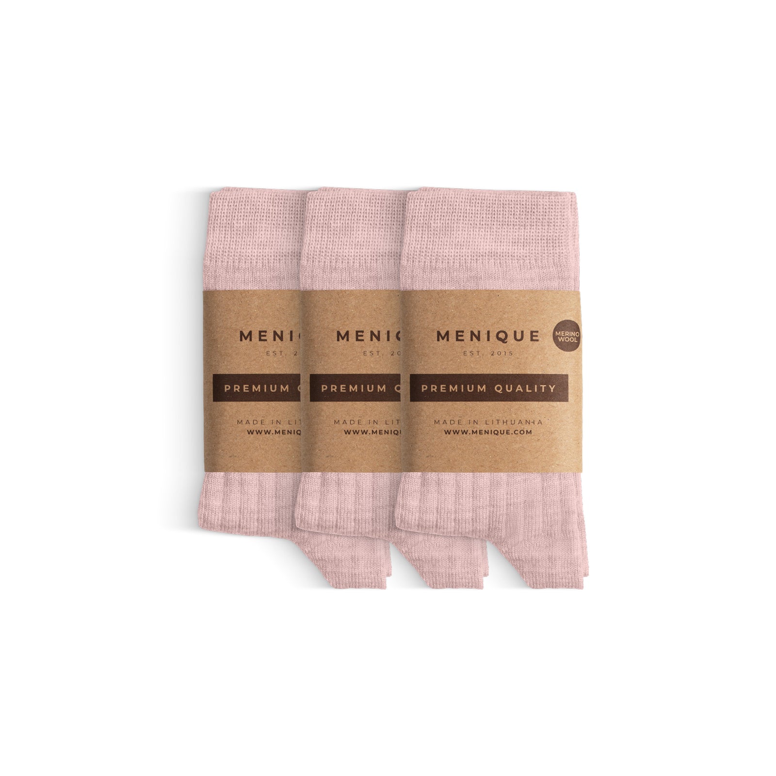 A 3-pack of kids’ green ribbed merino wool socks with “Menique Premium Quality” labels.