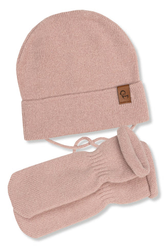 Baby Knit Beanie with Strings & Mittens 2-Piece - 0-6M / Dusty Pink