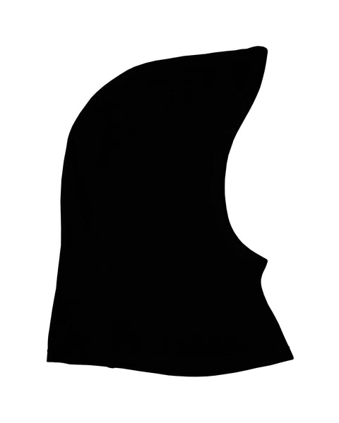 the menique kids' 160gsm merino balaclava in black color, white background.