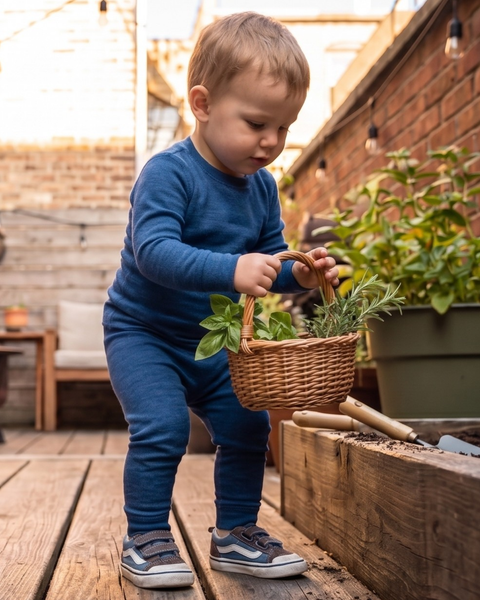A young boy wearing a blue long-sleeve top, matching leggings, and sneakers stands on a wooden deck next to a raised garden bed. He is gently holding a small woven basket filled with freshly picked green herbs.