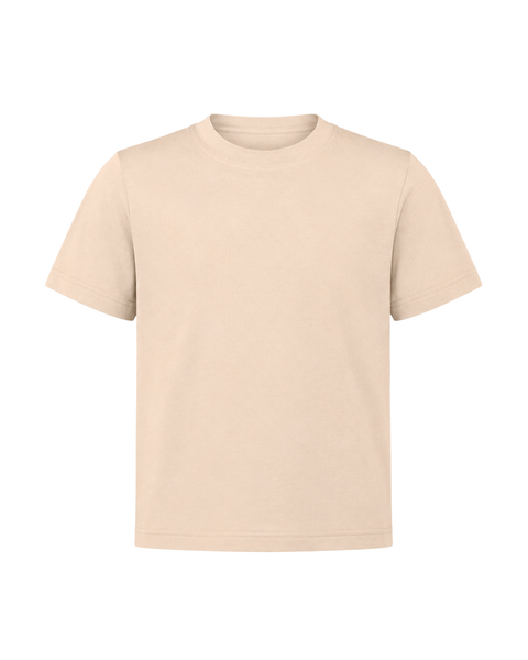 A plain light beige kids' short-sleeve t-shirt with a classic crew neckline, displayed flat against a solid white background.